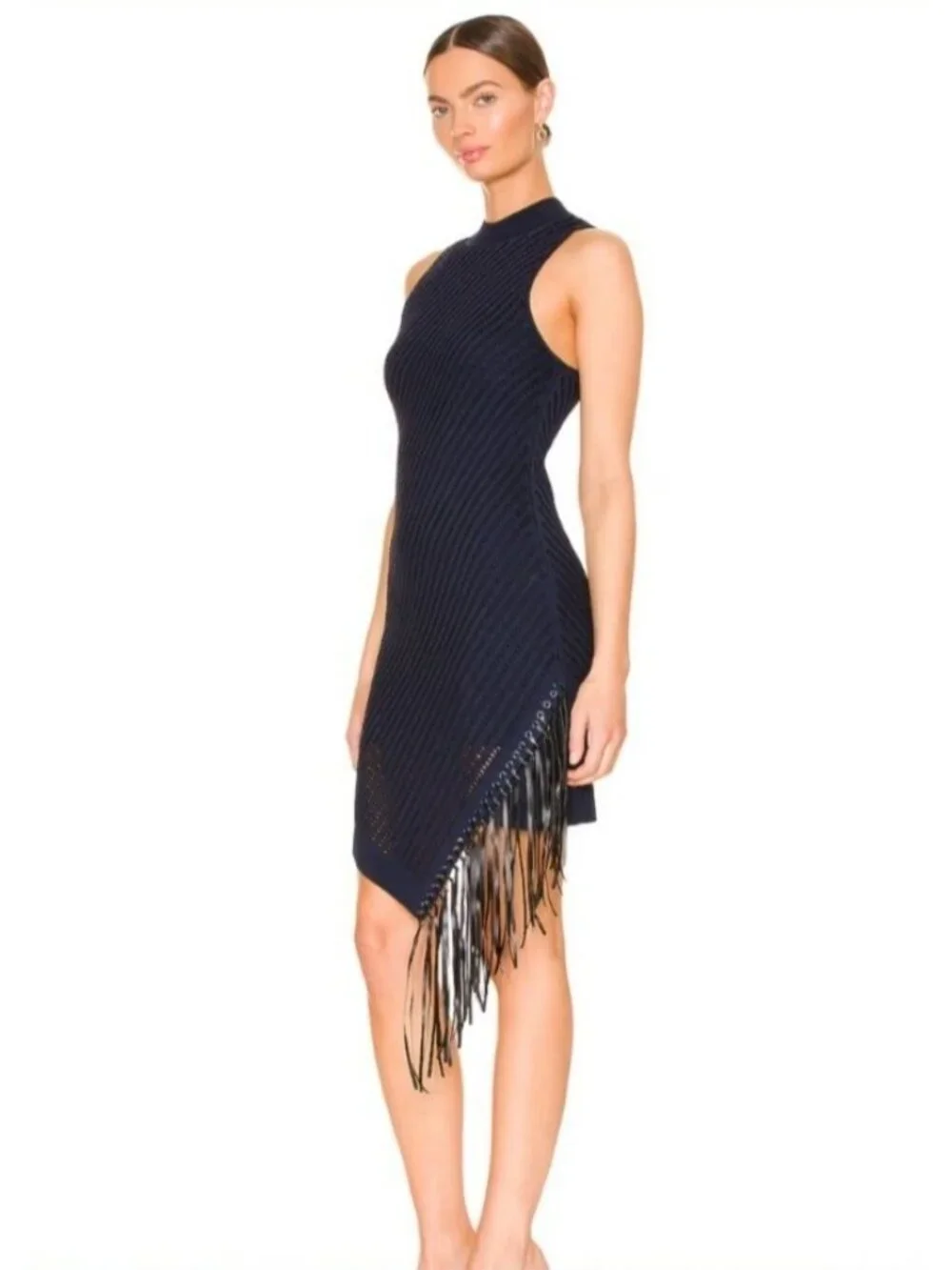 Jonathan Simkhai Chelle Fringe Pointelle Knit Dress Blue Black Sz Medium PERFECT - Picture 4 of 8